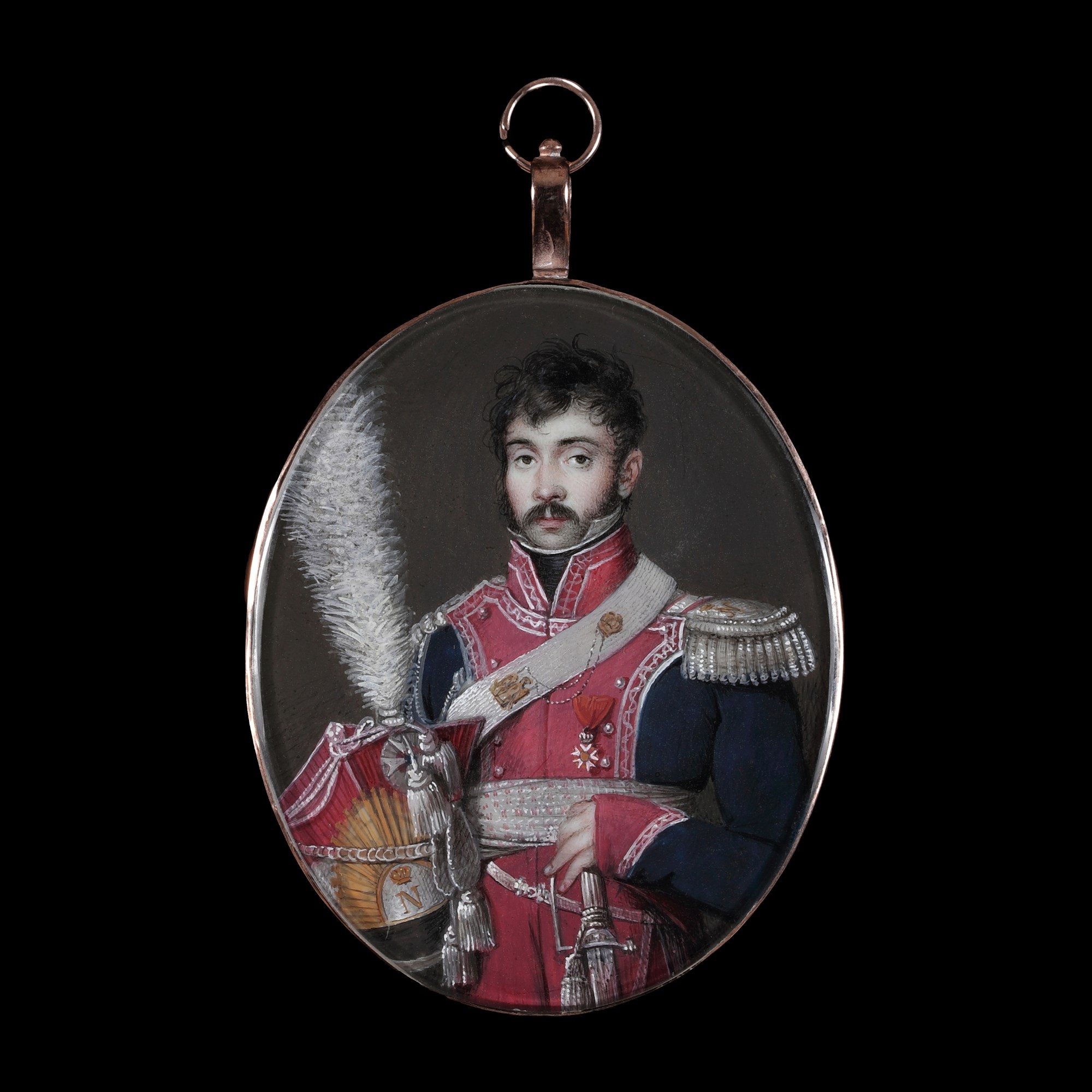 Portrait miniature of a chef d’escadron of the Polish Light Horse Guard, possibly Seweryn Fredero (b.1785), wearing uniform with grosses epaulettes, and holding a light cavalry sabre
